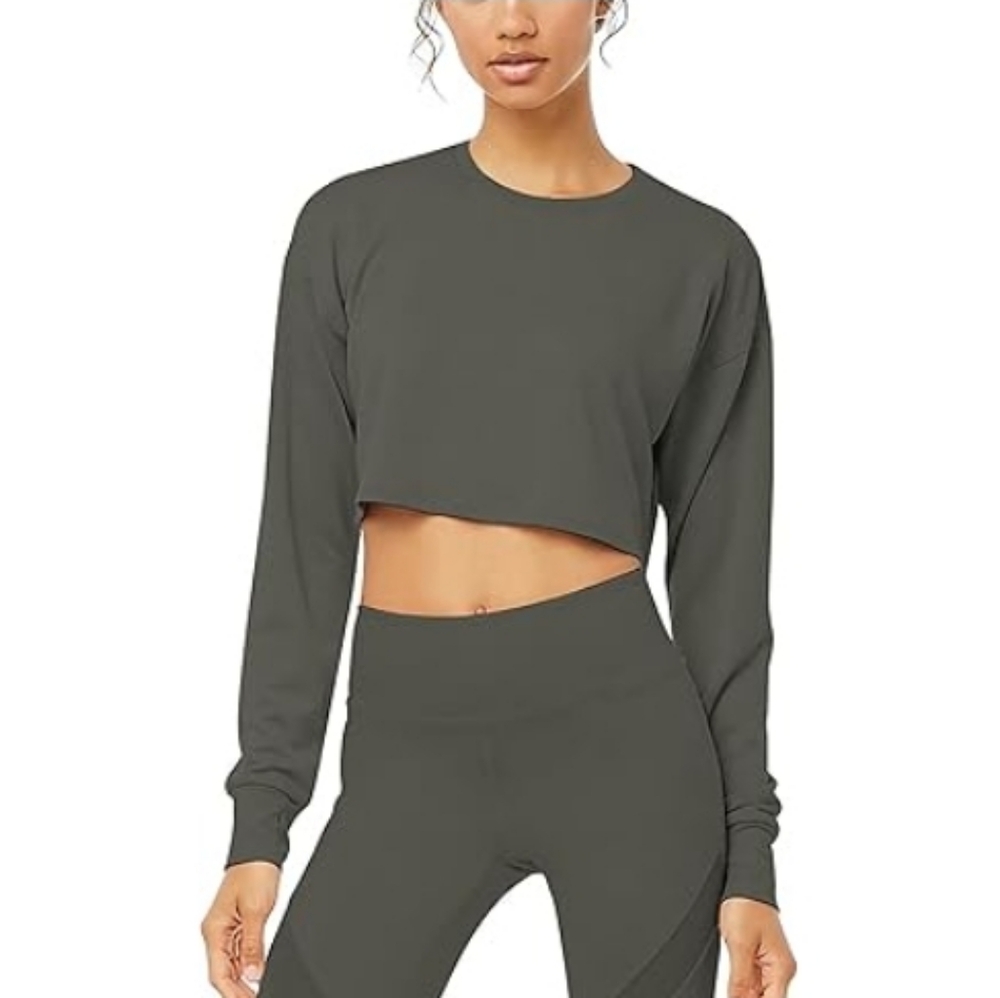 Bestisn Long Sleeve Crop Sweatshirt Top with Thumb Hole Charcoal